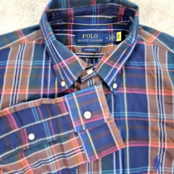 Polo Ralph Lauren Dress Shirt Classic Fit Plaid Checkered Oxford Mens Size M - Picture 1 of 10
